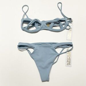 Siempre Golden Womens Baby Blue Body Con Scorpio Cut Out Cheeky Bikini